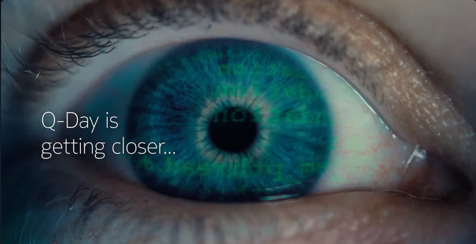 Close-up of an eye with digital code overlay representing quantum security